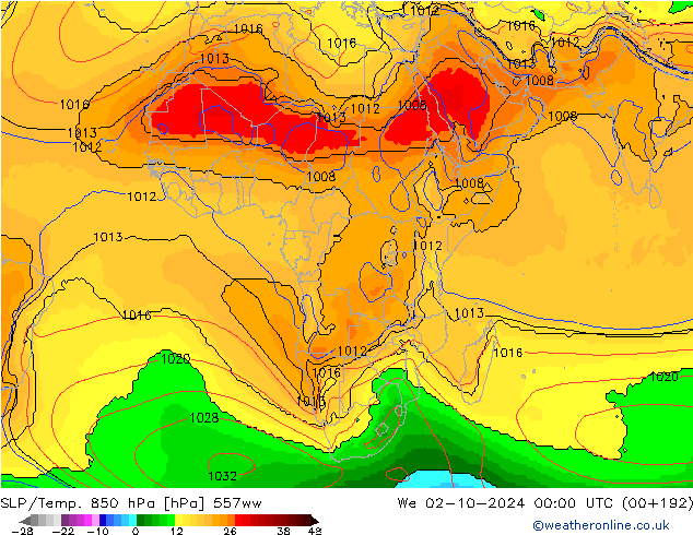 SLP/Temp. 850 hPa 557ww śro. 02.10.2024 00 UTC