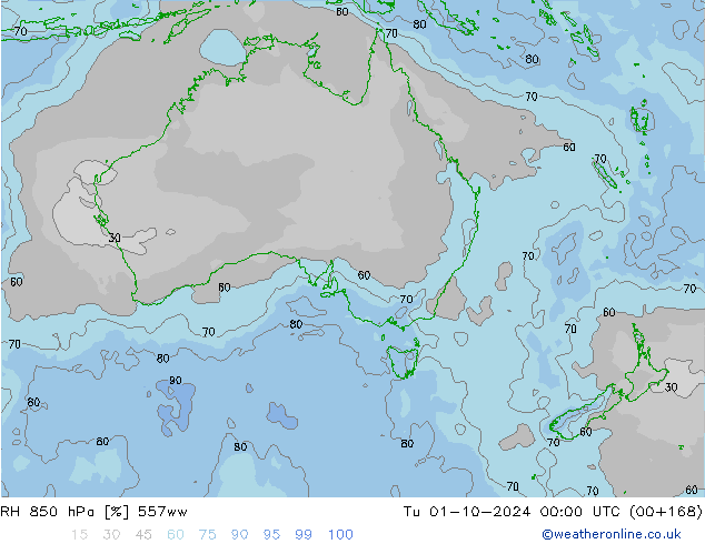 Humedad rel. 850hPa 557ww mar 01.10.2024 00 UTC