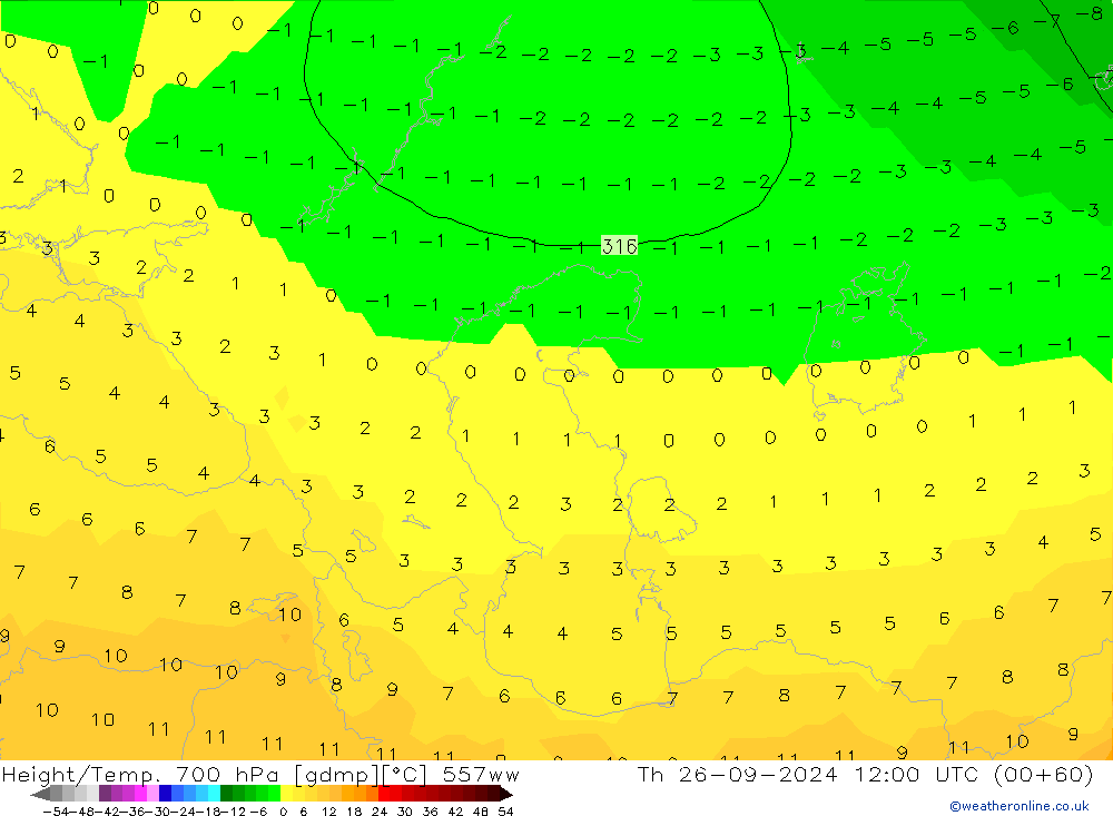 Geop./Temp. 700 hPa 557ww jue 26.09.2024 12 UTC