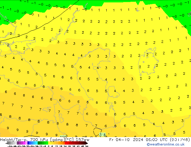 Geop./Temp. 700 hPa 557ww vie 04.10.2024 06 UTC