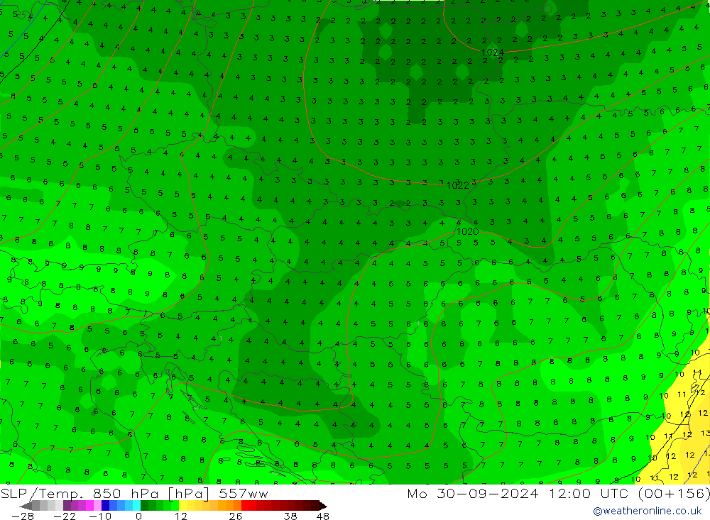 SLP/Temp. 850 hPa 557ww lun 30.09.2024 12 UTC