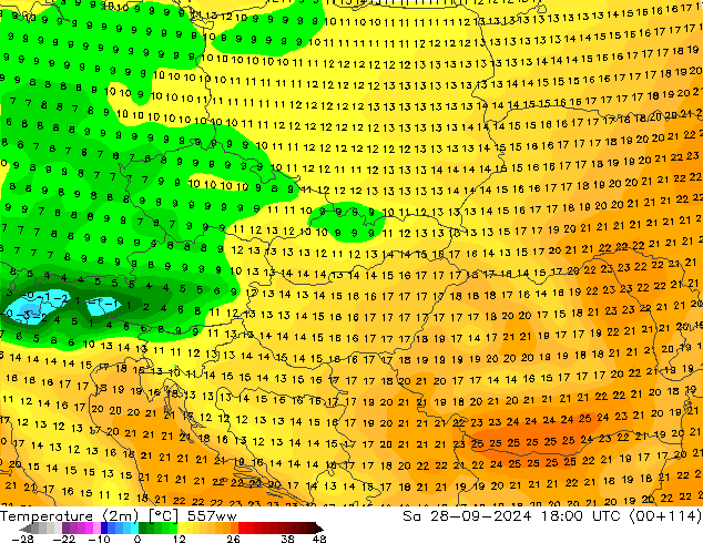 Temperature (2m) 557ww Sa 28.09.2024 18 UTC