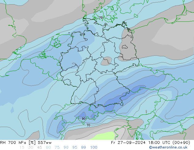 Humedad rel. 700hPa 557ww vie 27.09.2024 18 UTC