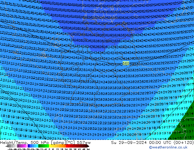 Hoogte/Temp. 500 hPa 557ww zo 29.09.2024 00 UTC