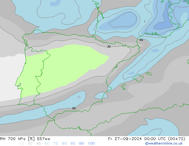 RH 700 hPa 557ww Fr 27.09.2024 00 UTC