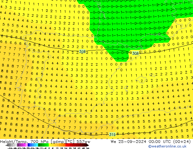 Height/Temp. 700 hPa 557ww śro. 25.09.2024 00 UTC