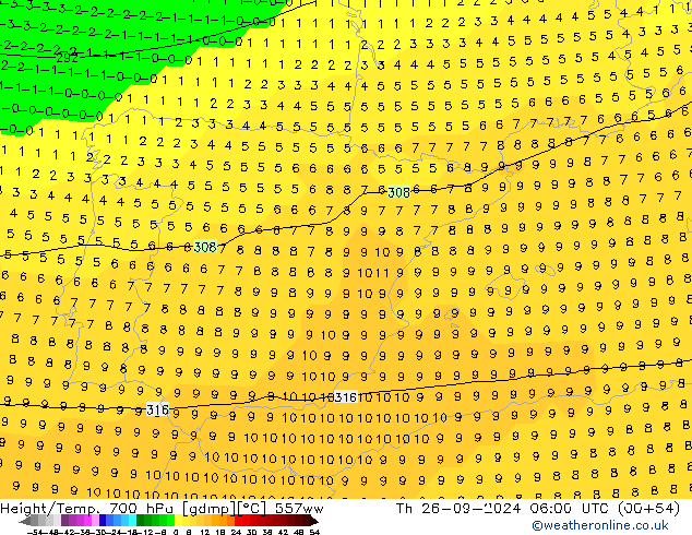 Geop./Temp. 700 hPa 557ww jue 26.09.2024 06 UTC