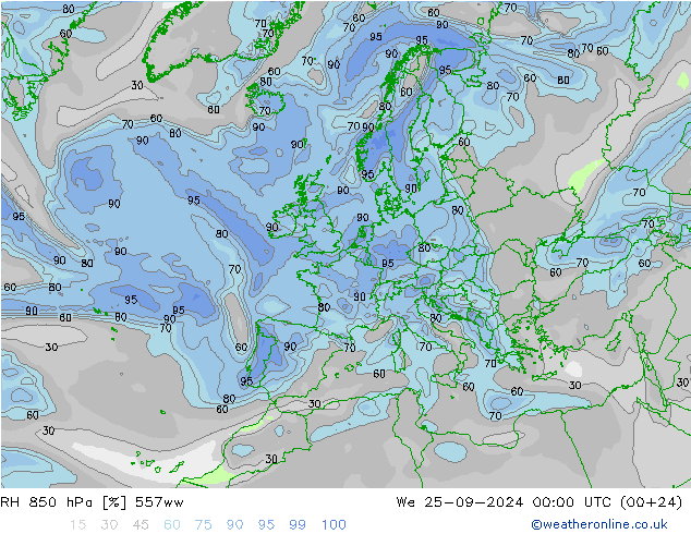 RH 850 hPa 557ww We 25.09.2024 00 UTC