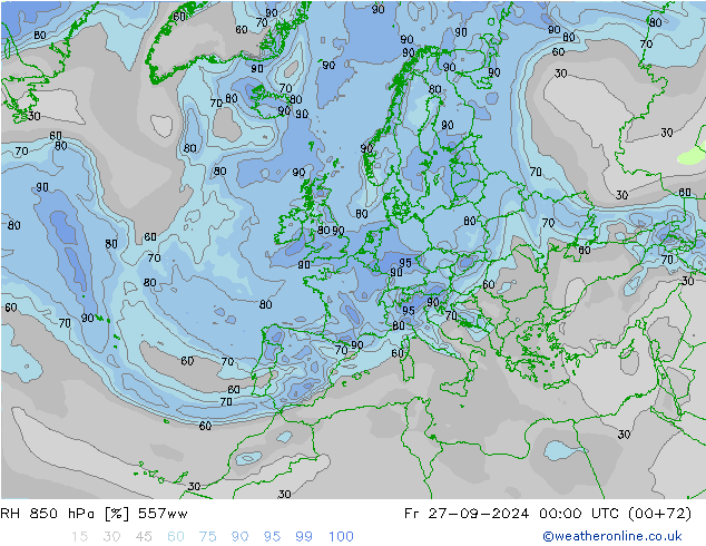 RH 850 гПа 557ww пт 27.09.2024 00 UTC