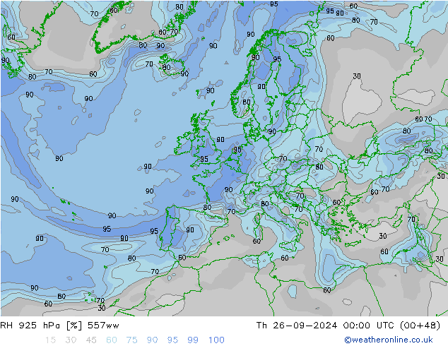 Humedad rel. 925hPa 557ww jue 26.09.2024 00 UTC