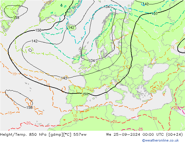 Height/Temp. 850 hPa 557ww We 25.09.2024 00 UTC