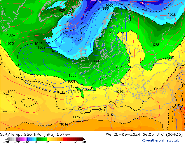 SLP/Temp. 850 hPa 557ww mié 25.09.2024 06 UTC