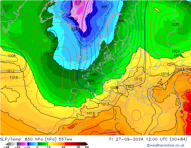 SLP/Temp. 850 hPa 557ww vr 27.09.2024 12 UTC