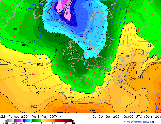 SLP/Temp. 850 гПа 557ww Вс 29.09.2024 00 UTC