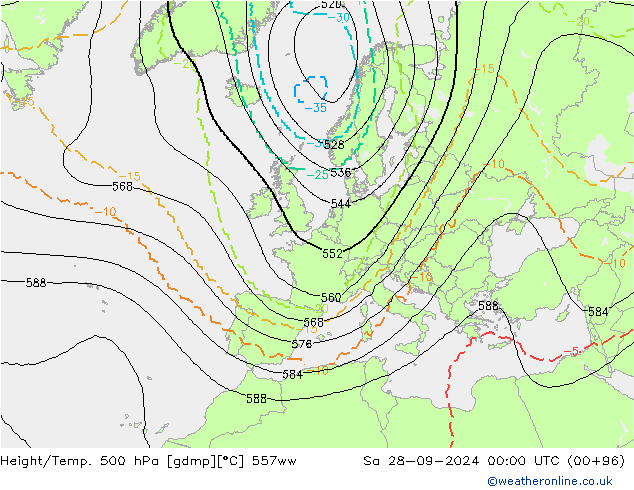 Height/Temp. 500 hPa 557ww so. 28.09.2024 00 UTC