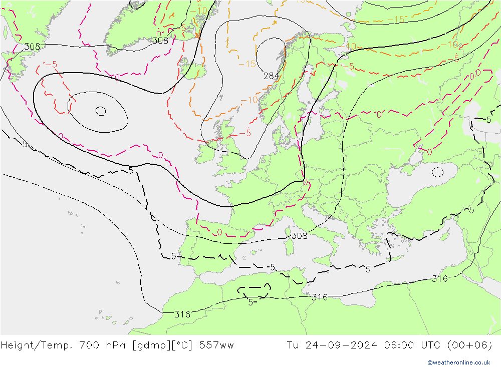 Height/Temp. 700 hPa 557ww Di 24.09.2024 06 UTC