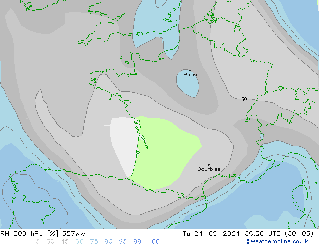 RH 300 hPa 557ww Tu 24.09.2024 06 UTC