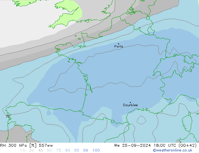 RH 300 hPa 557ww śro. 25.09.2024 18 UTC