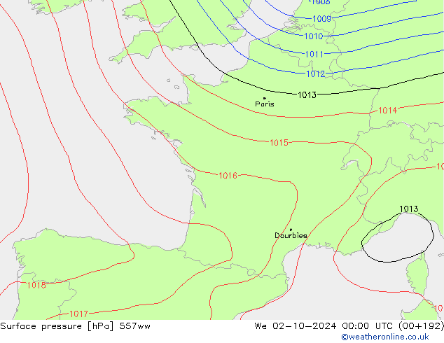 Presión superficial 557ww mié 02.10.2024 00 UTC