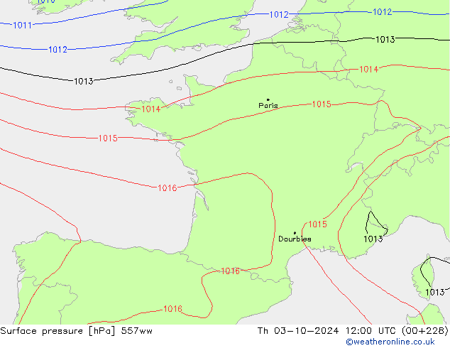 Pressione al suolo 557ww gio 03.10.2024 12 UTC