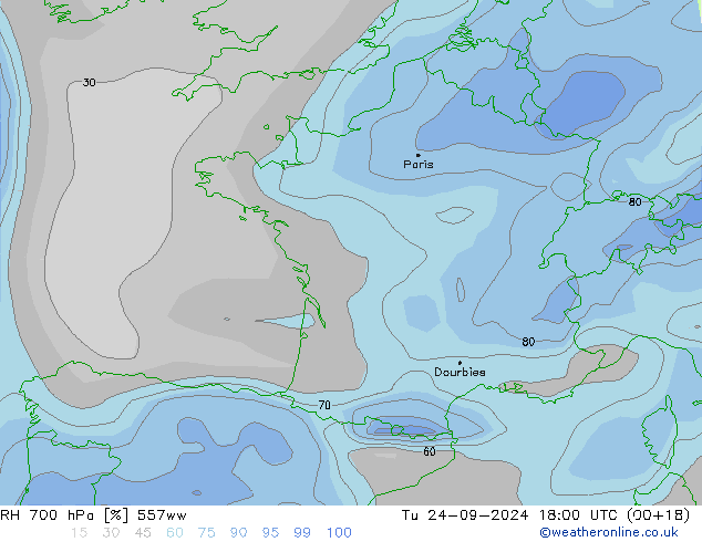 RH 700 hPa 557ww Út 24.09.2024 18 UTC