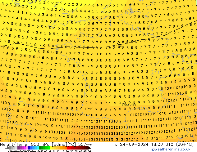 Height/Temp. 850 hPa 557ww Út 24.09.2024 18 UTC