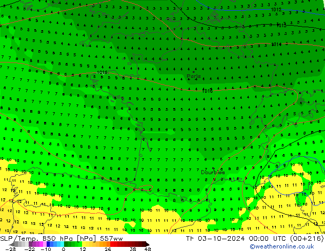 SLP/Temp. 850 hPa 557ww do 03.10.2024 00 UTC