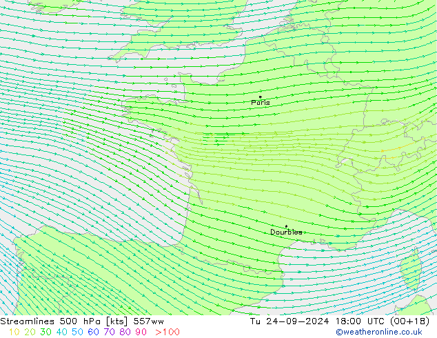 Streamlines 500 hPa 557ww Tu 24.09.2024 18 UTC