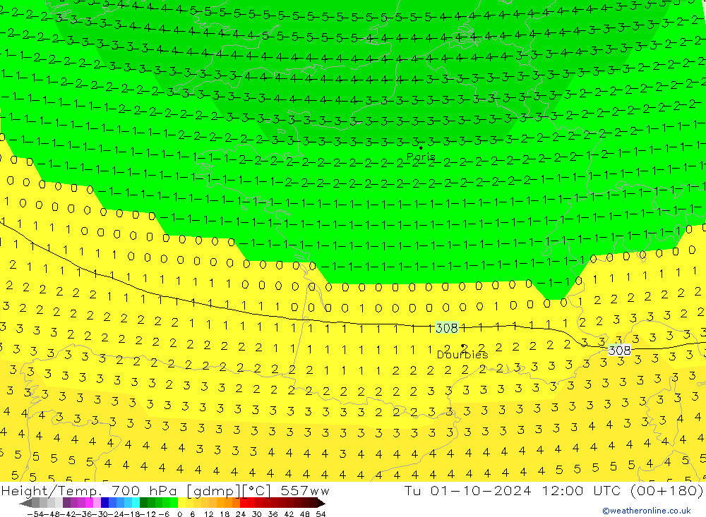 Height/Temp. 700 hPa 557ww Tu 01.10.2024 12 UTC