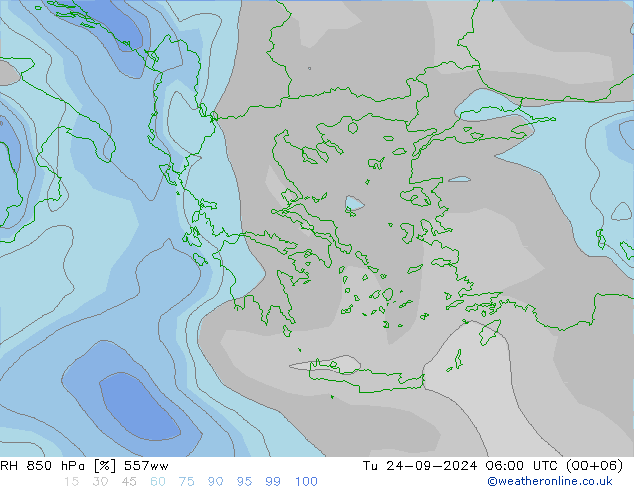 RH 850 hPa 557ww Út 24.09.2024 06 UTC