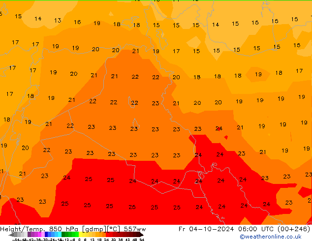 Hoogte/Temp. 850 hPa 557ww vr 04.10.2024 06 UTC