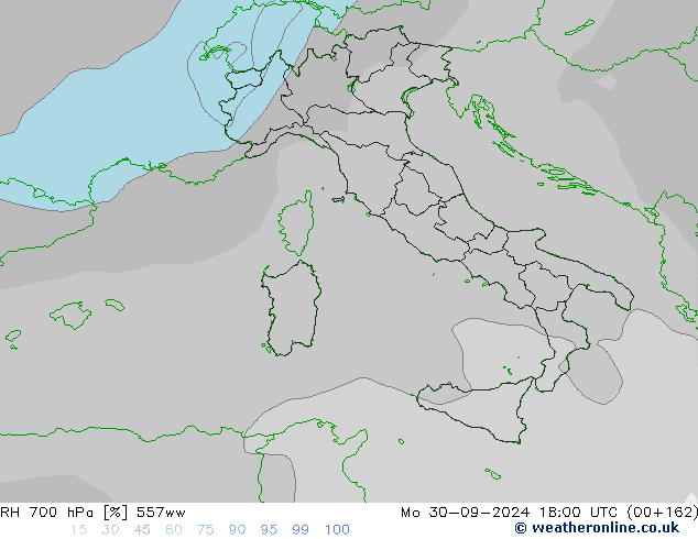 RH 700 hPa 557ww Mo 30.09.2024 18 UTC