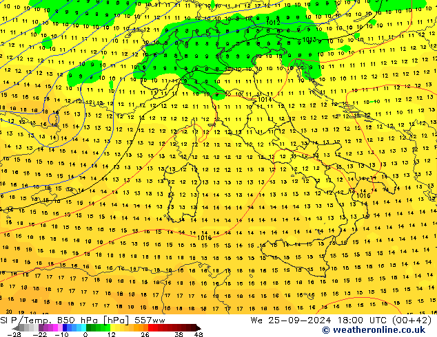 SLP/Temp. 850 hPa 557ww St 25.09.2024 18 UTC