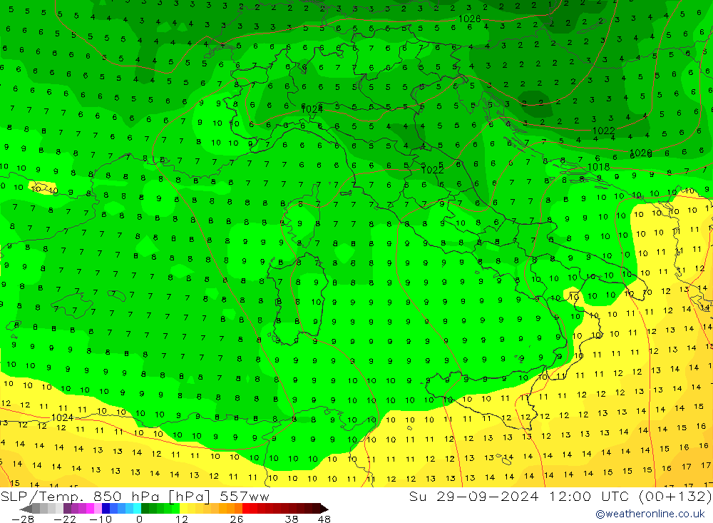 SLP/Temp. 850 hPa 557ww dom 29.09.2024 12 UTC