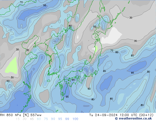 RH 850 hPa 557ww Út 24.09.2024 12 UTC