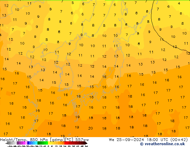 Height/Temp. 850 hPa 557ww St 25.09.2024 18 UTC