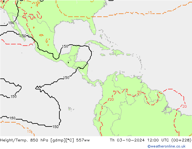 Height/Temp. 850 hPa 557ww czw. 03.10.2024 12 UTC