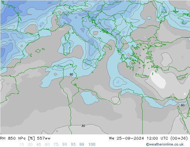 Humedad rel. 850hPa 557ww mié 25.09.2024 12 UTC