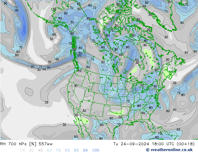 RH 700 hPa 557ww Út 24.09.2024 18 UTC