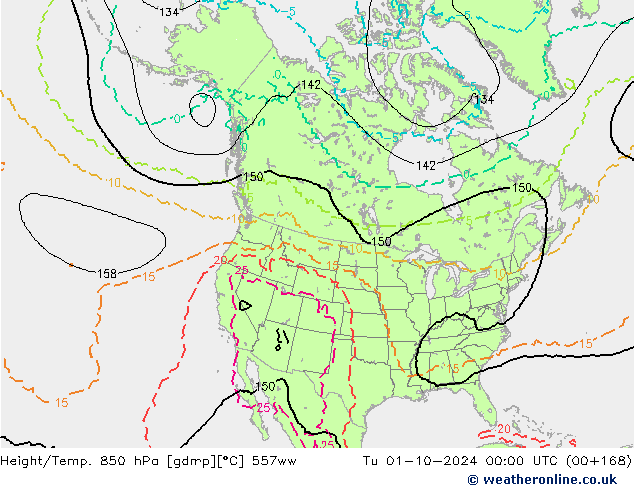 Hoogte/Temp. 850 hPa 557ww di 01.10.2024 00 UTC