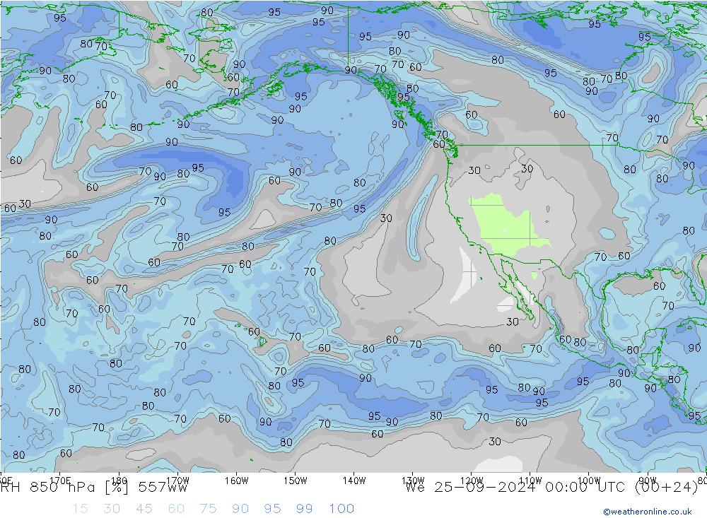 Humidité rel. 850 hPa 557ww mer 25.09.2024 00 UTC