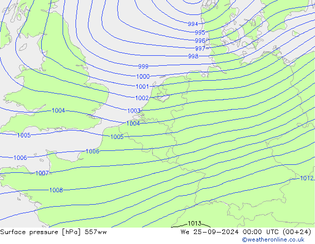 Atmosférický tlak 557ww St 25.09.2024 00 UTC