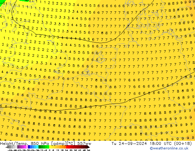 Height/Temp. 850 hPa 557ww Tu 24.09.2024 18 UTC