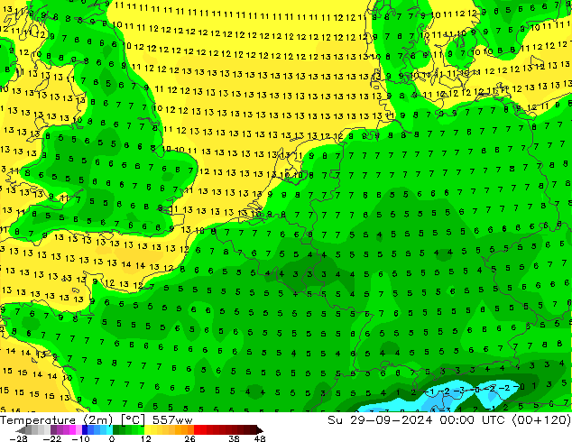 Temperature (2m) 557ww Su 29.09.2024 00 UTC