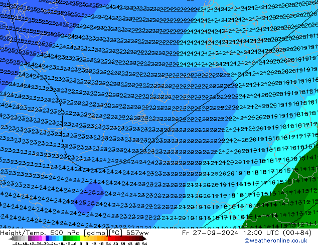 Height/Temp. 500 hPa 557ww Fr 27.09.2024 12 UTC