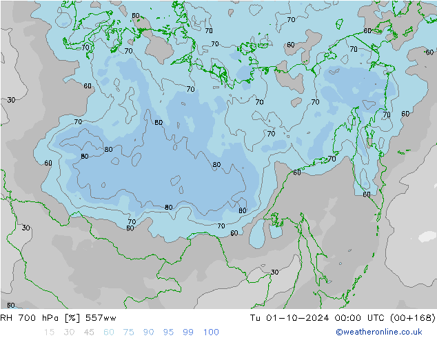 RH 700 hPa 557ww Di 01.10.2024 00 UTC