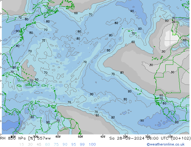 RH 850 hPa 557ww Sa 28.09.2024 06 UTC