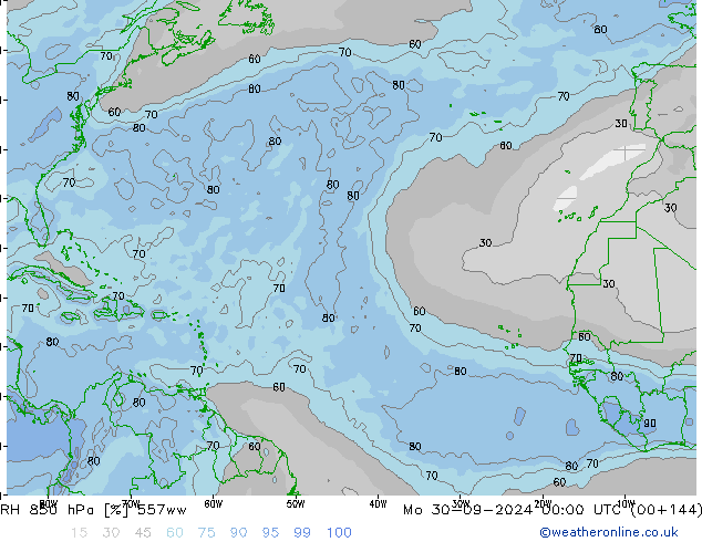 RH 850 гПа 557ww пн 30.09.2024 00 UTC