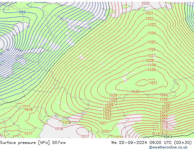 Presión superficial 557ww mié 25.09.2024 06 UTC