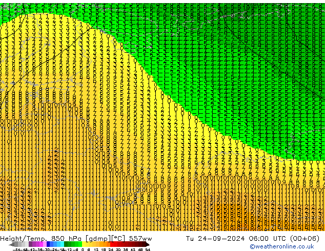 Height/Temp. 850 hPa 557ww Út 24.09.2024 06 UTC